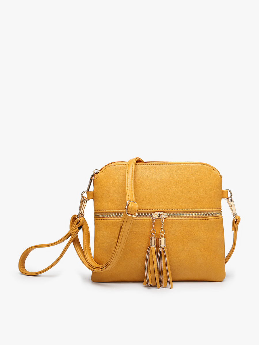 Mustard Vegan Tara Crossbody Bag/Wristlet by Jen & Co. front zipper closed long strap folded over