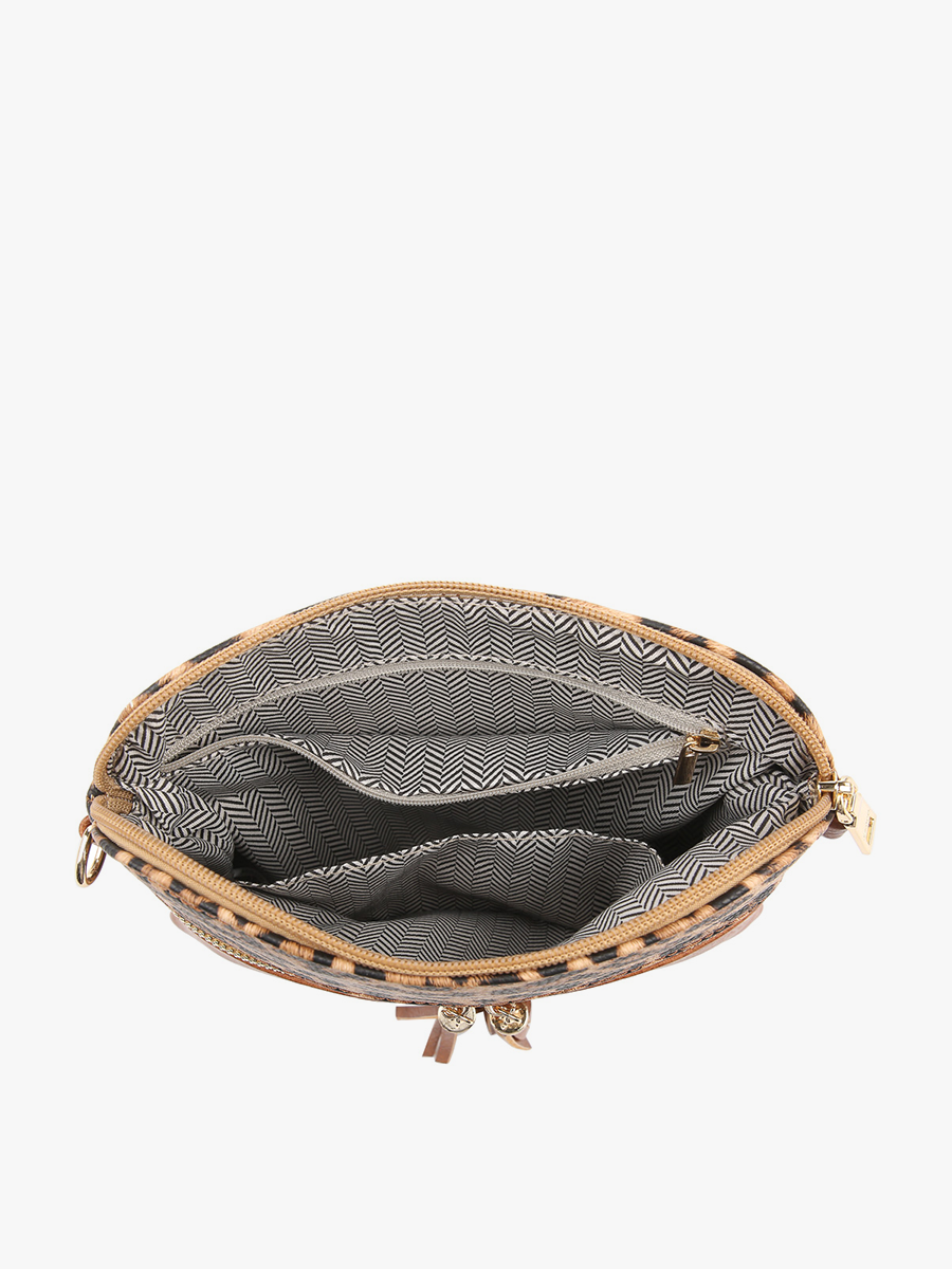 Mustard Vegan Tara Crossbody Bag/Wristlet by Jen & Co. unzipped top down view to interior main bag showing unzipped interior pocket and open pocket at sides