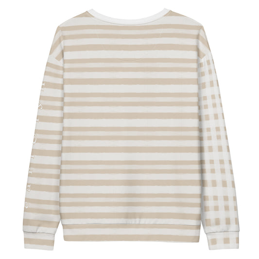 Back of long-sleeved sweatshirt with Tan and white stripes and checkered right sleeve