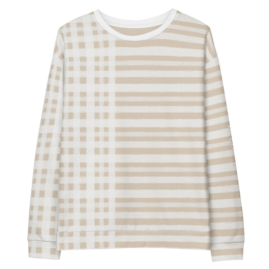 Front of Long-sleeve sweatshirt with a checkered pattern and horizontal stripe pattern in tan and white, features a logo on the left sleeve