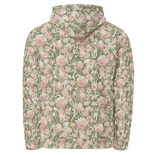 Back of olive green base with pink and white Floral patterned hoodie 