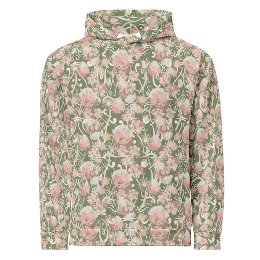 Front of Olive green colored, pink and white Floral patterned hoodie with pocket