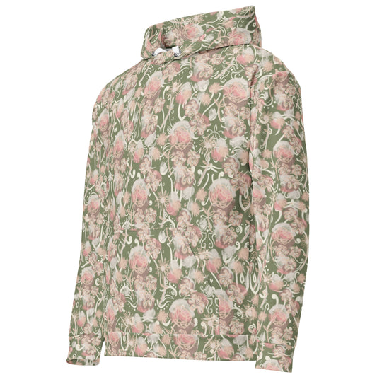 Front left of olive green base with pink and white Floral patterned hoodie and pocket