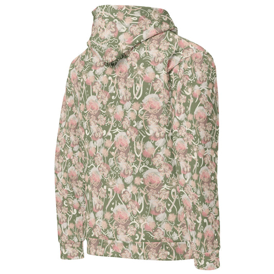 Back right of olive green base with pink and white Floral patterned hoodie