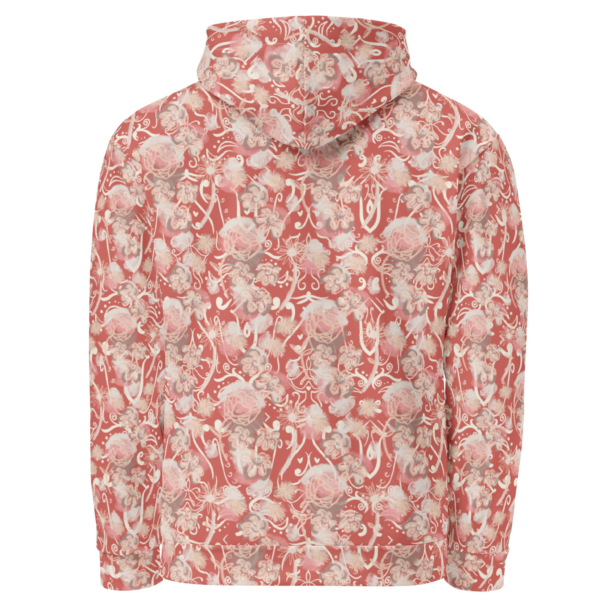 Back of Watermelon pink-colored, Floral patterned hoodie 
