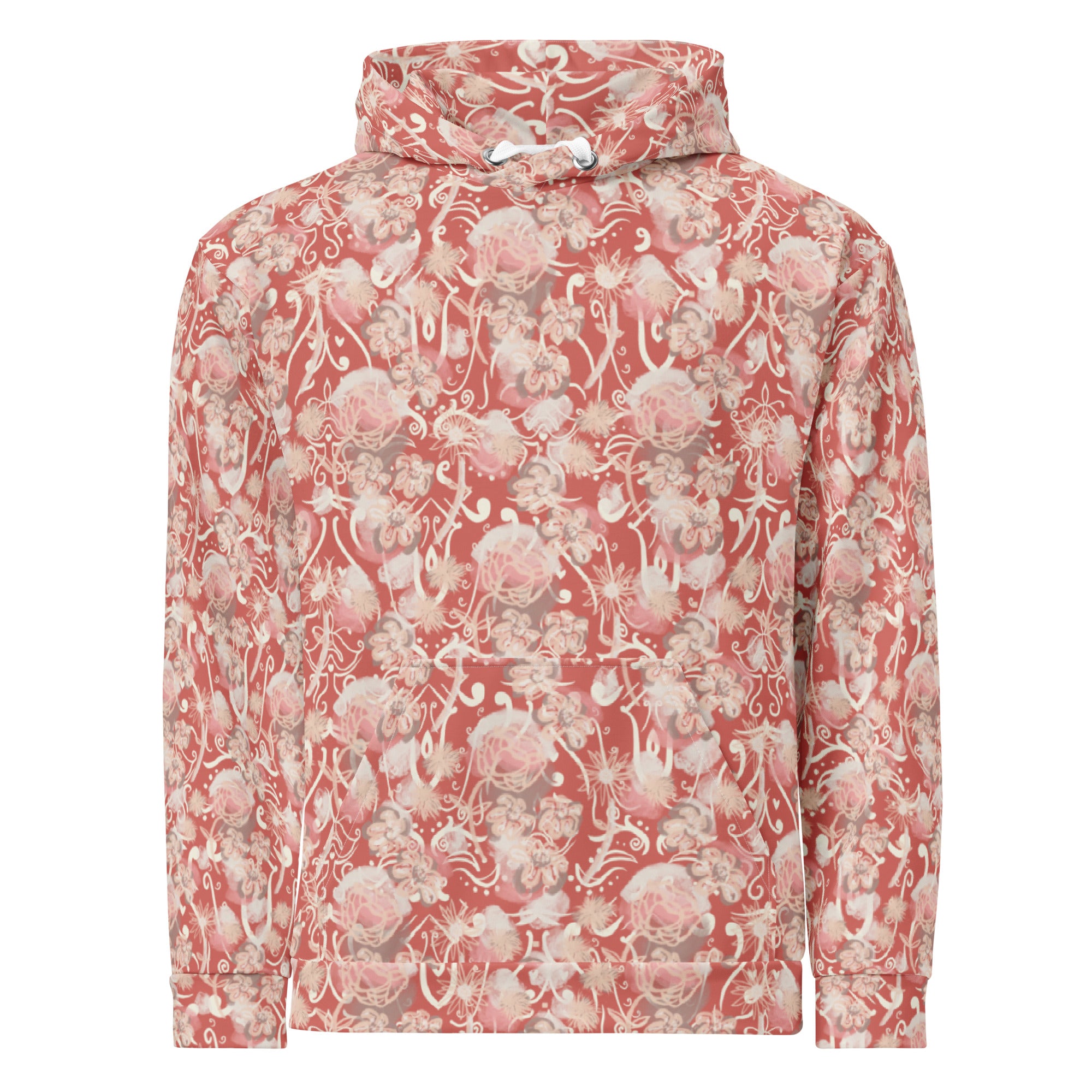 Front of Watermelon pink-colored, Floral patterned hoodie with pocket 