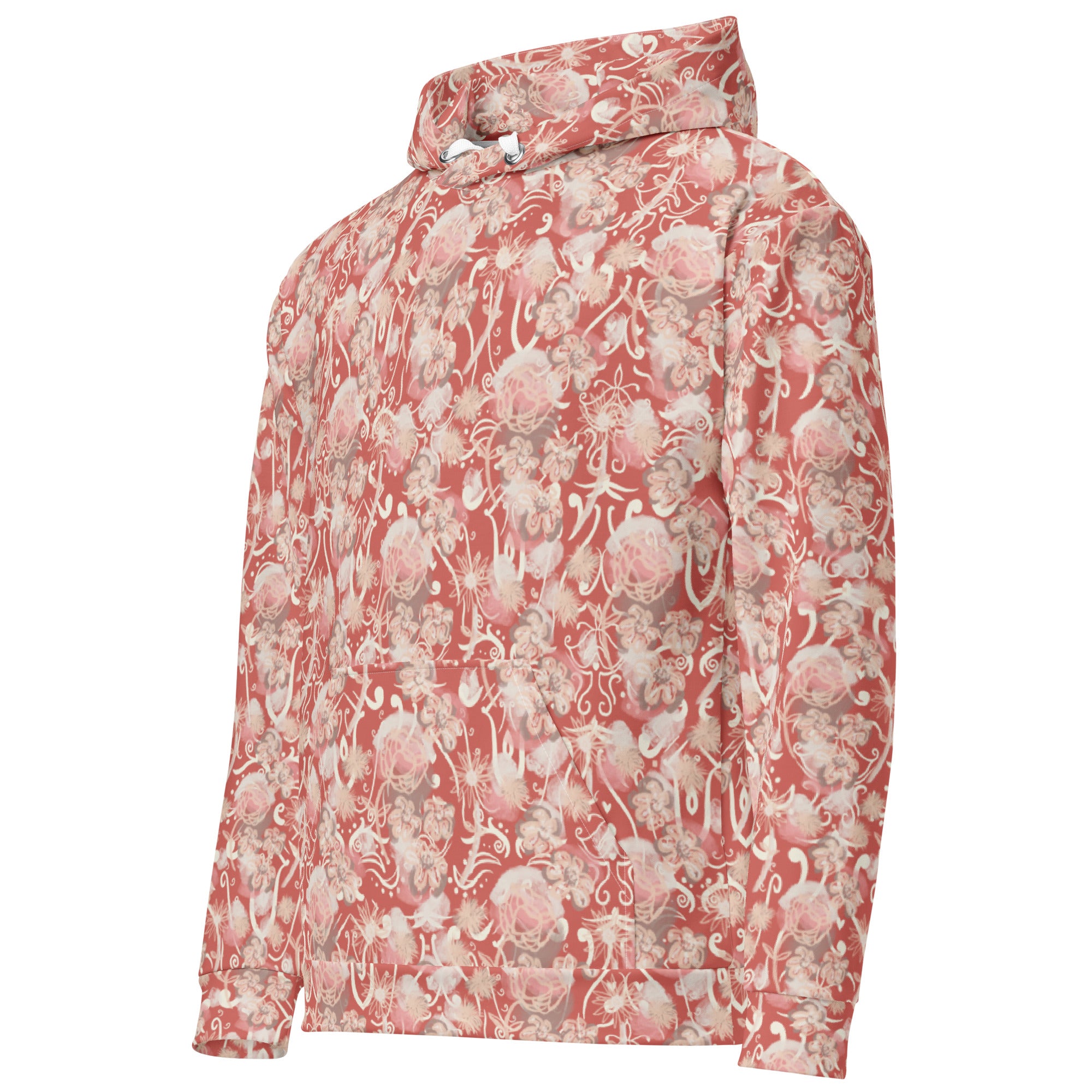 Front left of Watermelon pink colored, Floral patterned hoodie with pocket