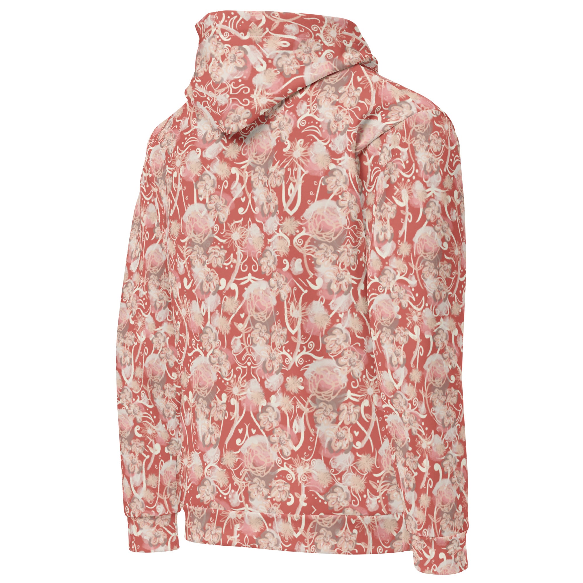 Back right of watermelon pink-colored, floral patterned hoodie