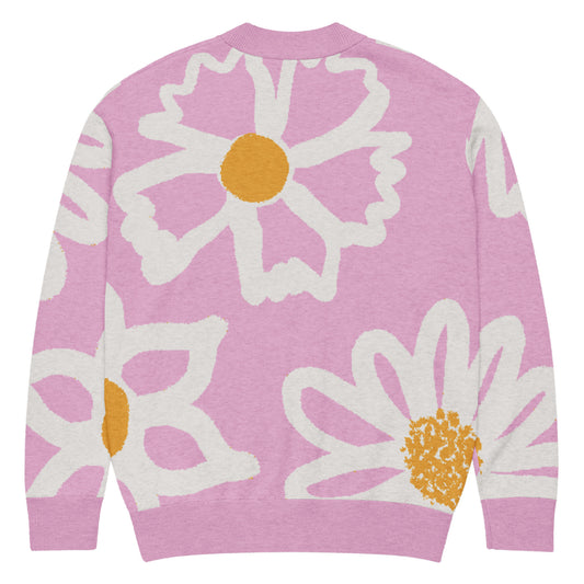 Back of Pink cardigan with white and yellow floral pattern