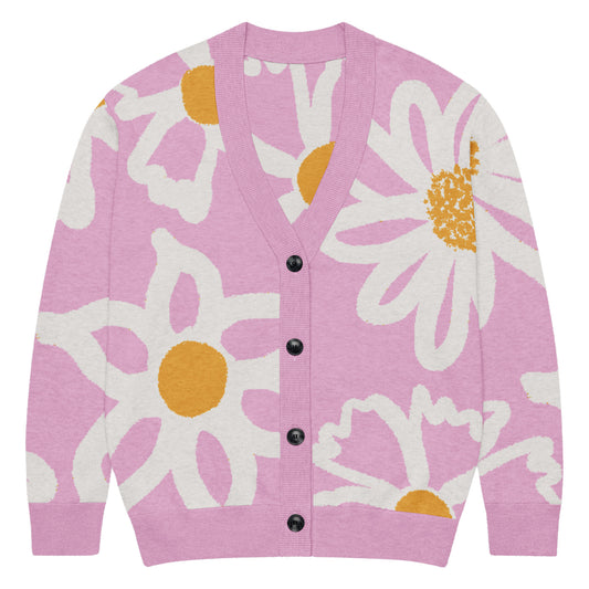 Front of Pink cardigan with white and yellow floral patterns with button closure