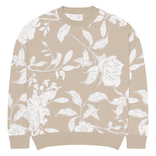 Front of Knitted Tan Sand colored sweater with white floral pattern
