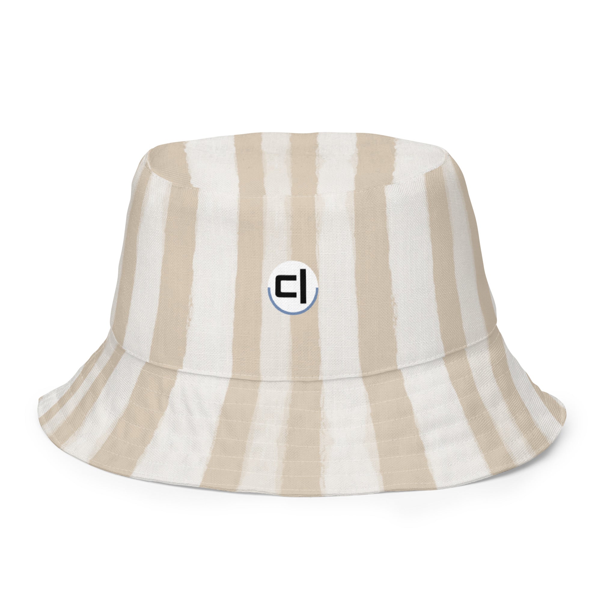 Outside Front of Tan and white striped bucket hat with a logo