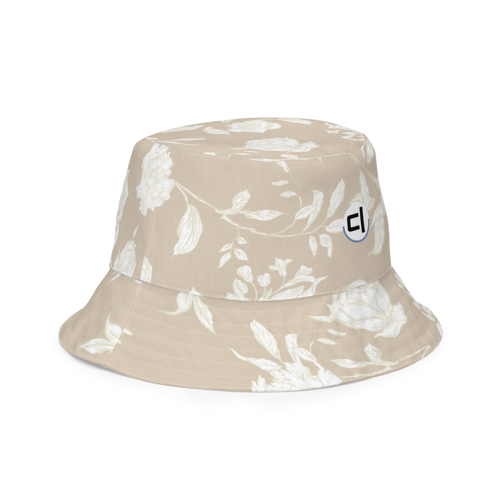 Inside Front right of Tan bucket hat with white floral pattern and logo