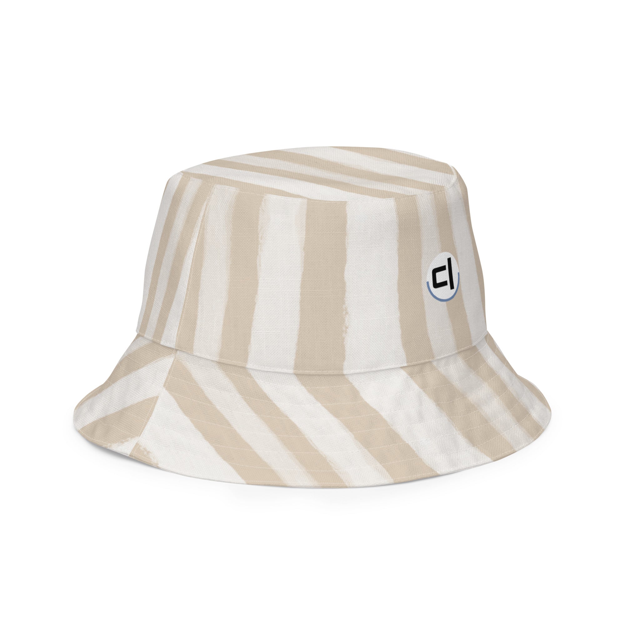 Outside Front Right view of Tan and white striped bucket hat with a logo 