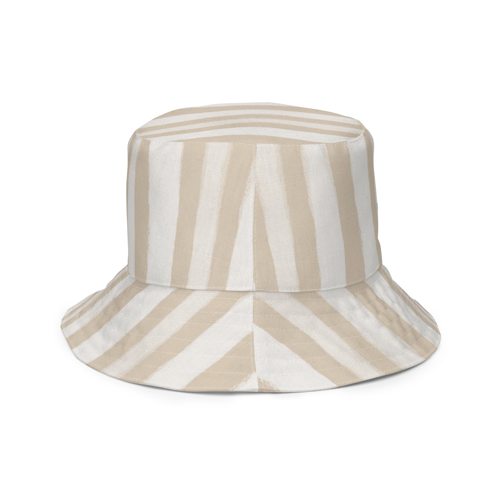 Outside Right of Tan and white striped bucket hat