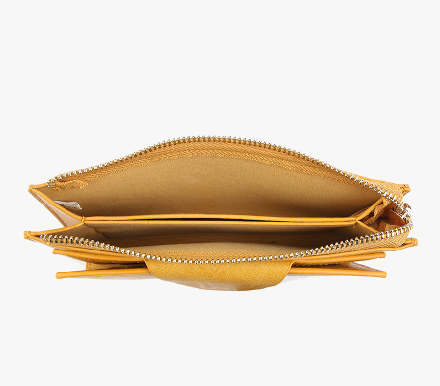 Vegan Kyla RFID Wallet NEW Wallet by Jen & Co. mustard top down interior unzipped center clasp closed on front