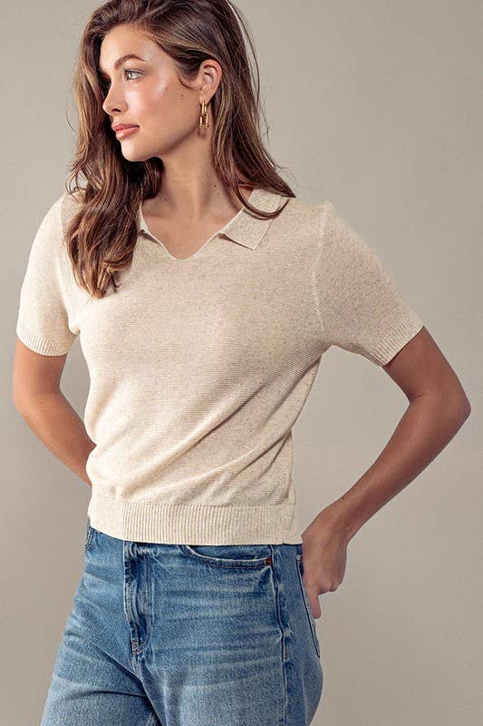 Ribbed Tencel Blend Classic Statement Polo Tee Blouse by Urban Daizy