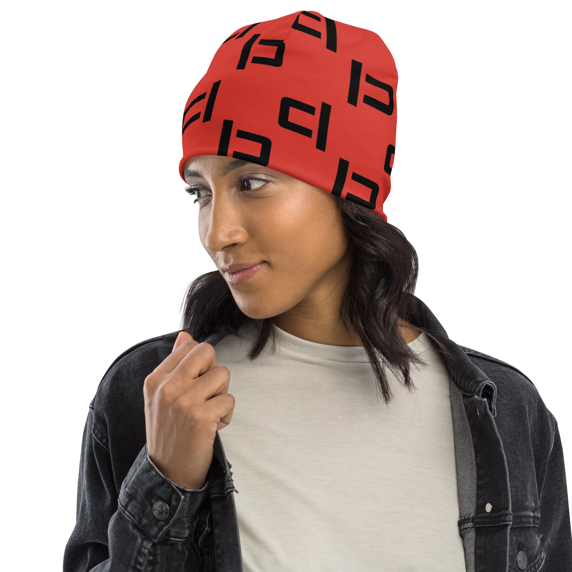 Cinnabar C&L Staggered Large Logo Beanie Beanie by Carl & Lyn left side with person wearing