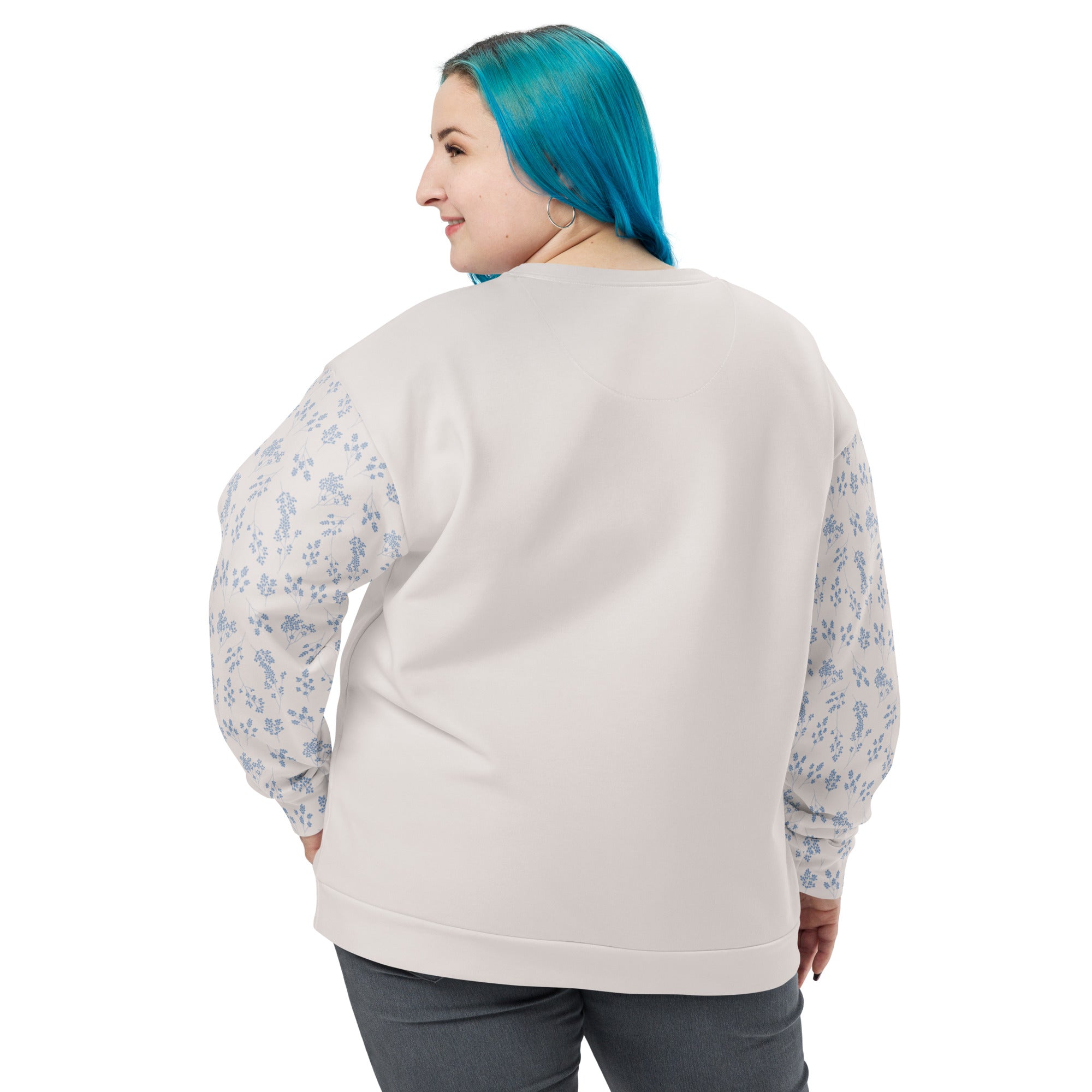 Blue Fog Gossypium - Eco Sweatshirt Sweatshirt by Carl & Lyn back with person wearing jeans looking over left shoulder with left hand on hip