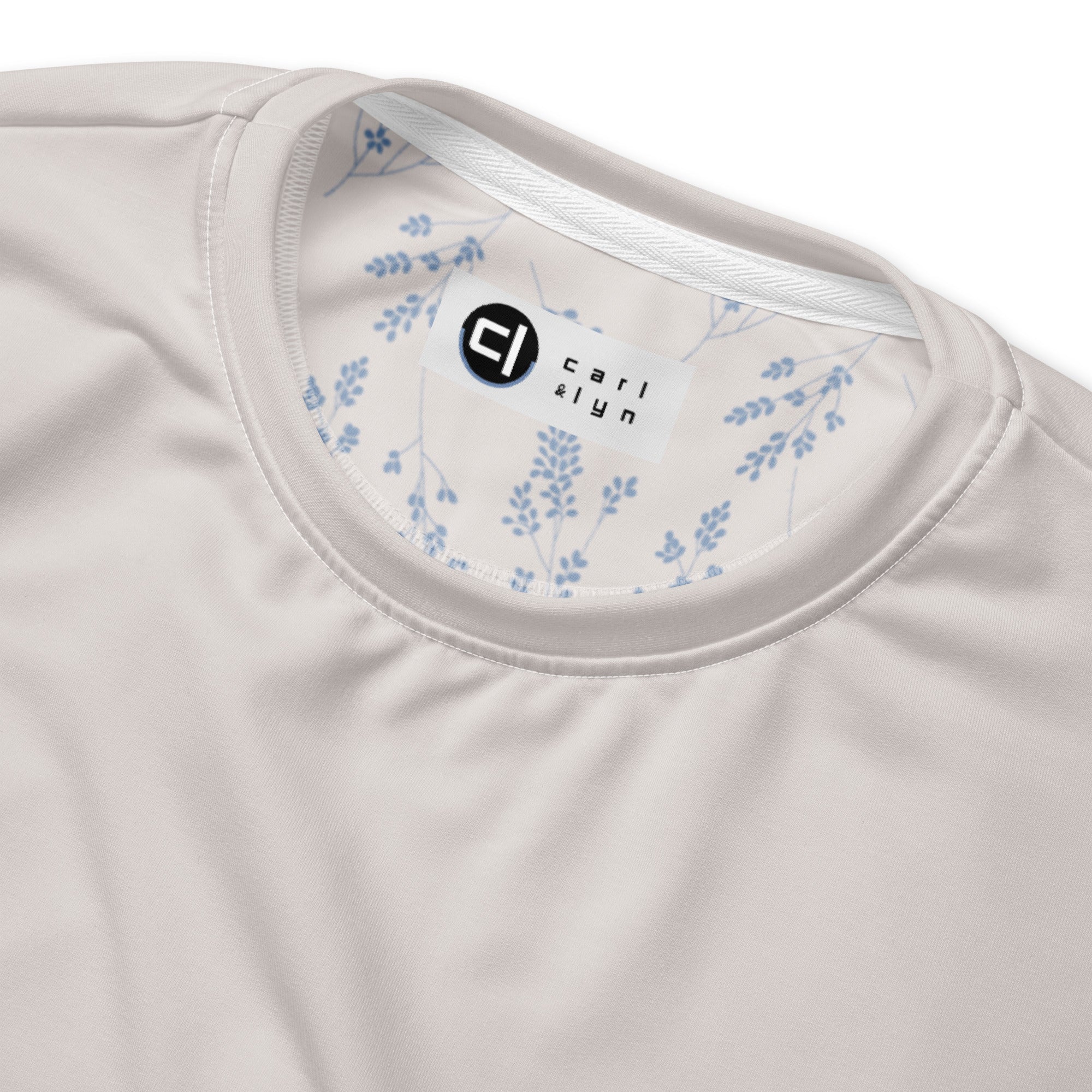 Blue Fog Gossypium - Eco Sweatshirt Sweatshirt by Carl & Lyn front collar zoomed in to show fabric detail and interior collar with print and logo