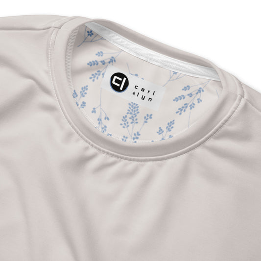 Blue Fog Gossypium - Eco Sweatshirt Sweatshirt by Carl & Lyn front collar zoomed in to show fabric detail and interior collar with print and logo