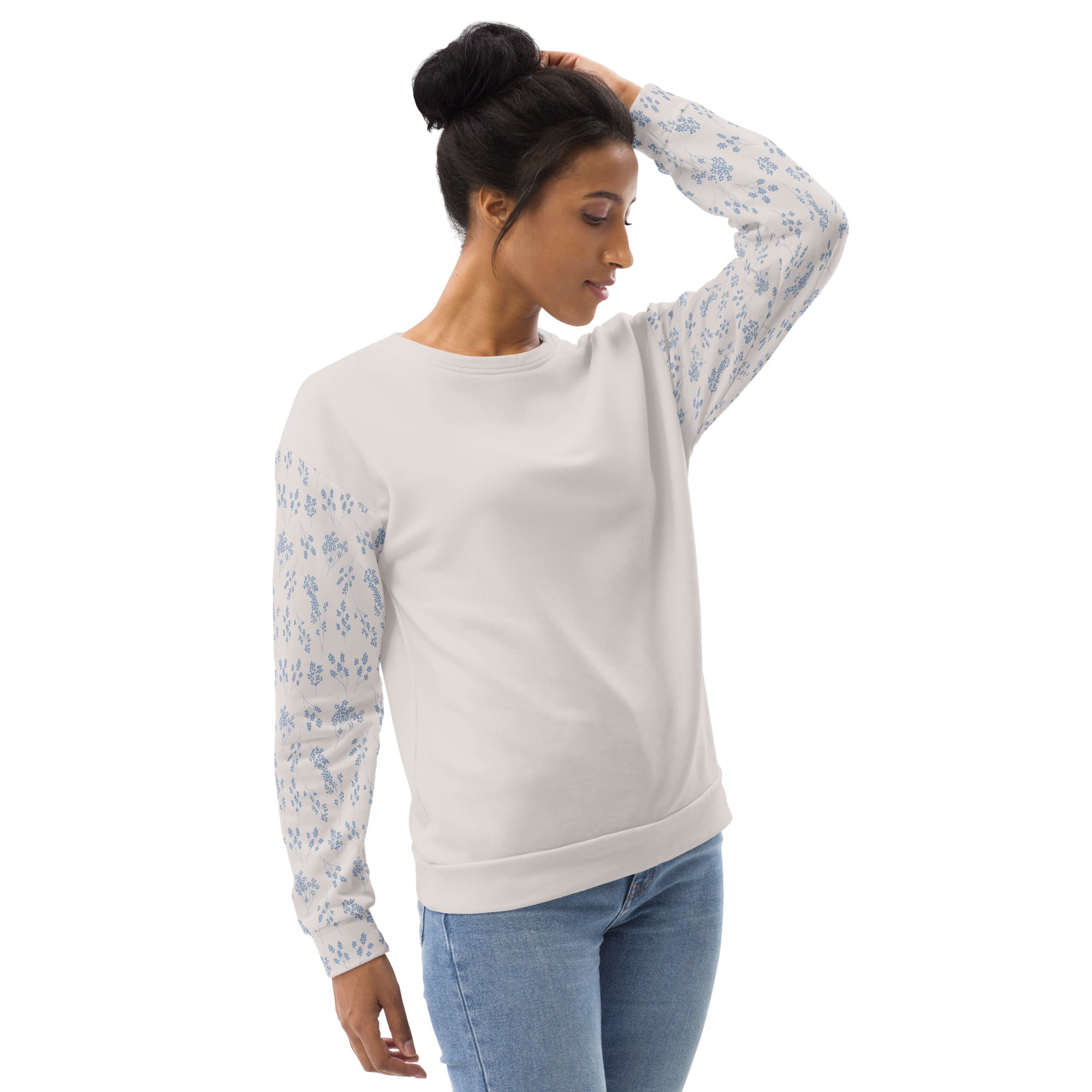Blue Fog Gossypium - Eco Sweatshirt Sweatshirt by Carl & Lyn front right with person wearing jeans and left arm bent with hand on left side of head looking down 