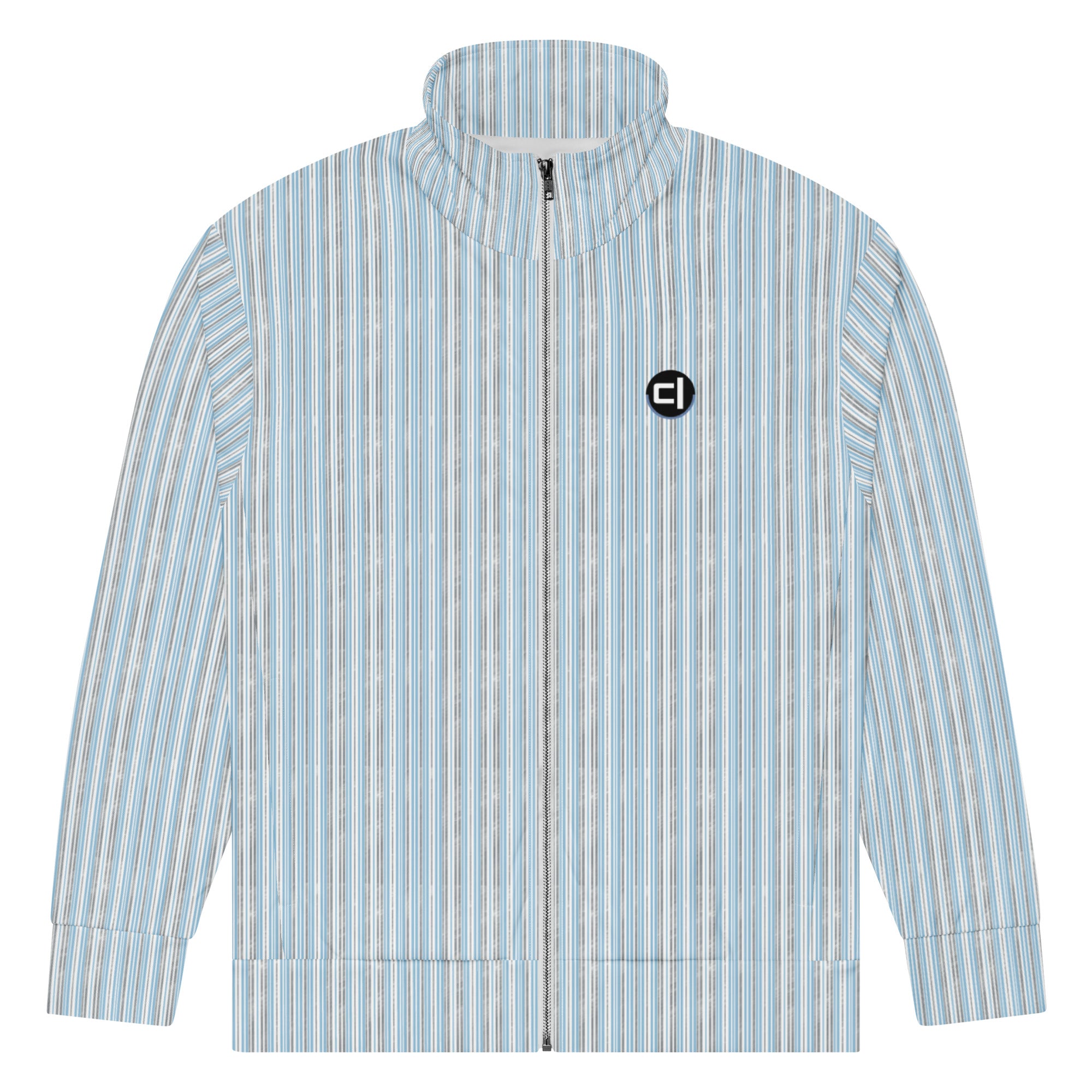 Air Striped Eco Track Jacket Outerwear by Carl & Lyn front flattened view zipped with Carl & Lyn logo in left chest