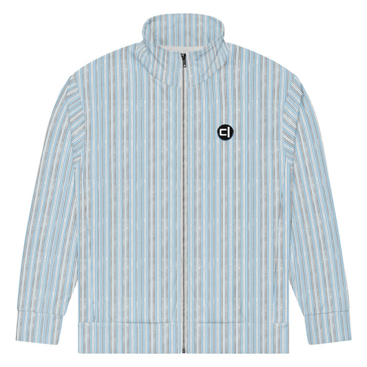 Air Striped Eco Track Jacket Outerwear by Carl & Lyn front flattened view zipped with Carl & Lyn logo in left chest