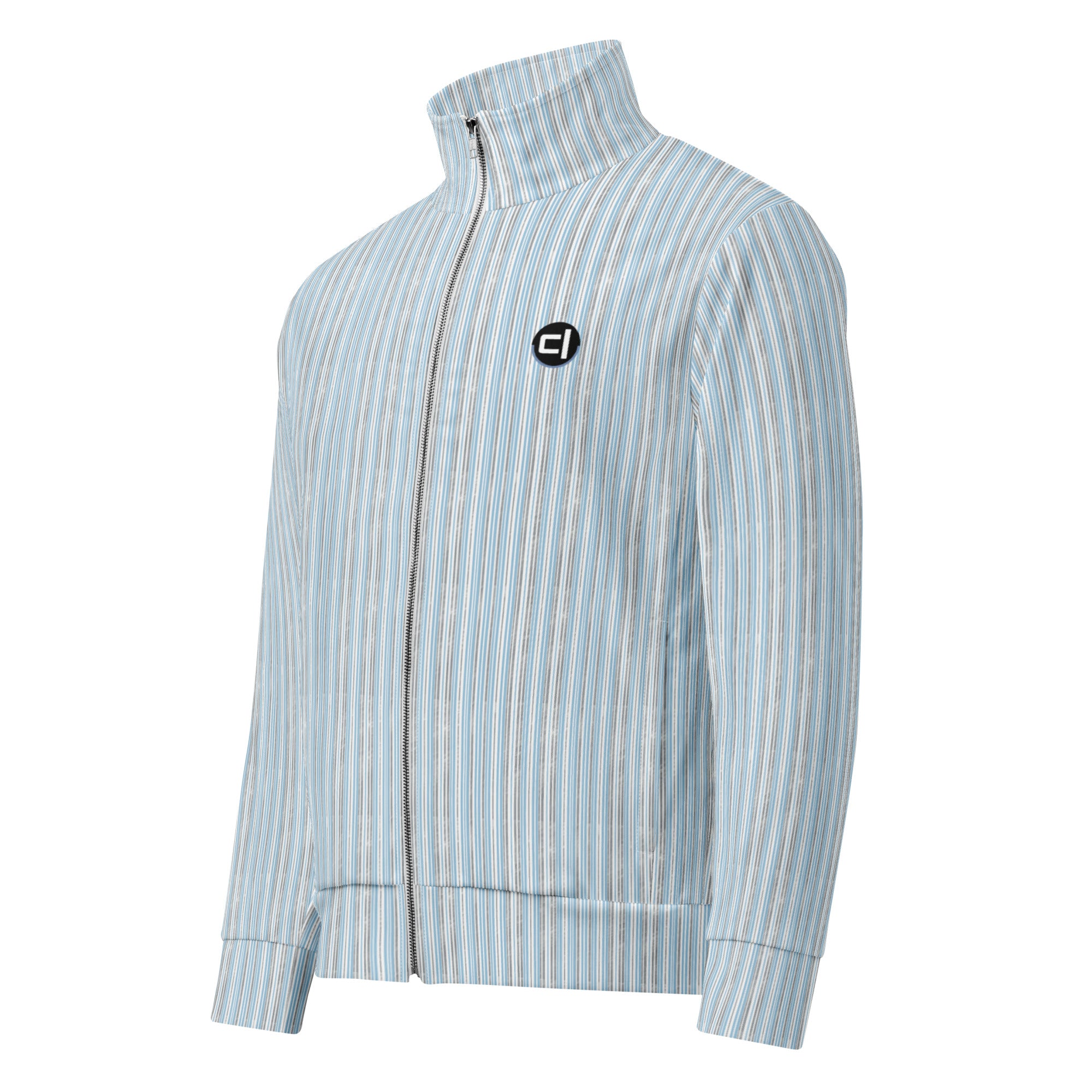 Air Striped Eco Track Jacket Outerwear by Carl & Lyn front left view with Carl & Lyn logo on upper left chest