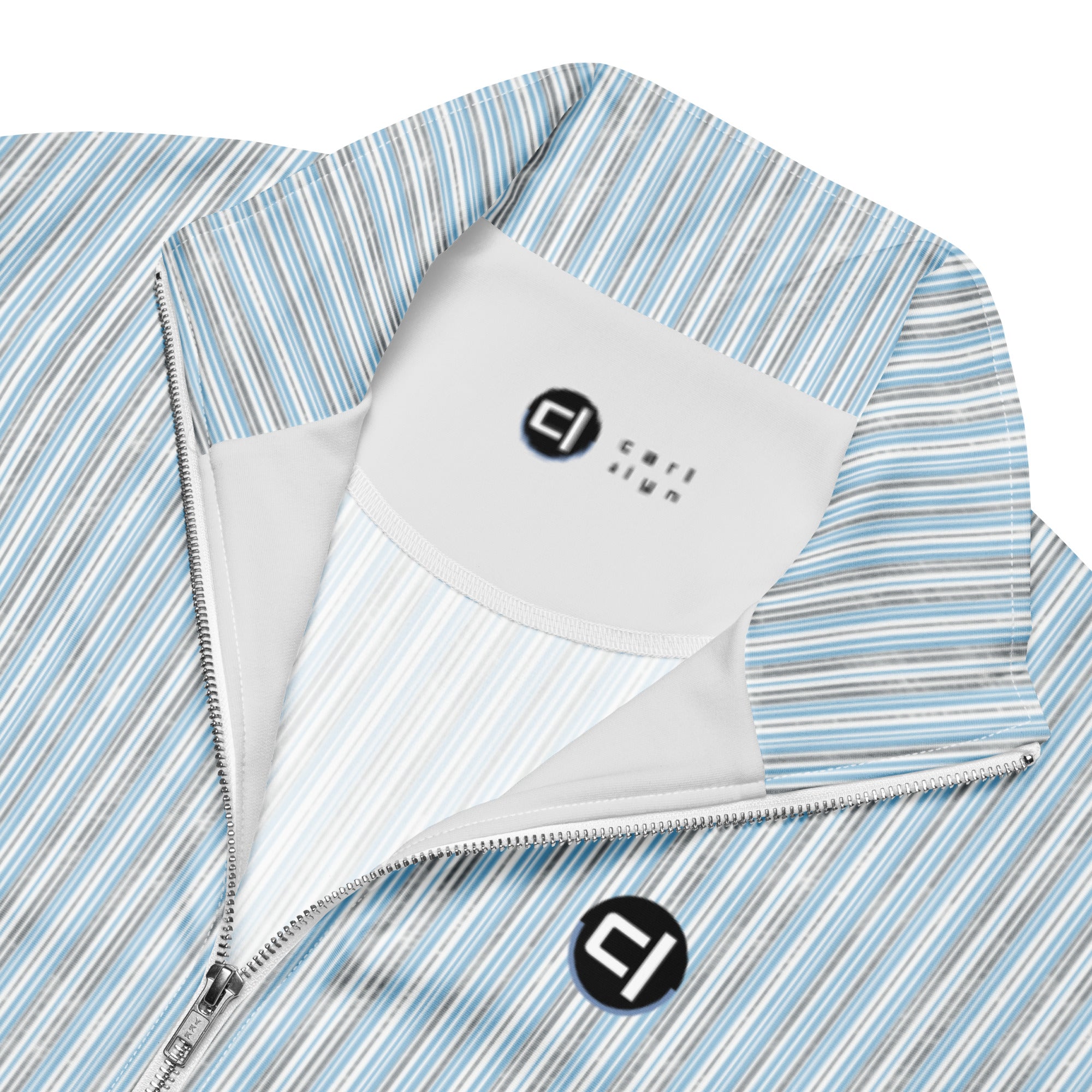 Air Striped Eco Track Jacket Outerwear by Carl & Lyn front collar partially unzipped zoomed in to show interior logo and collar design and logo on outer upper left chest