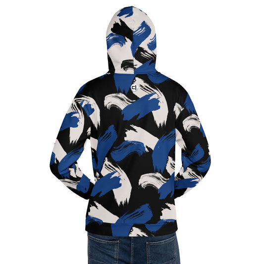 Black w/Cerulean & Cream Strokes - Eco Hoodie Hoodie by Carl & Lyn back with logo shown on person
