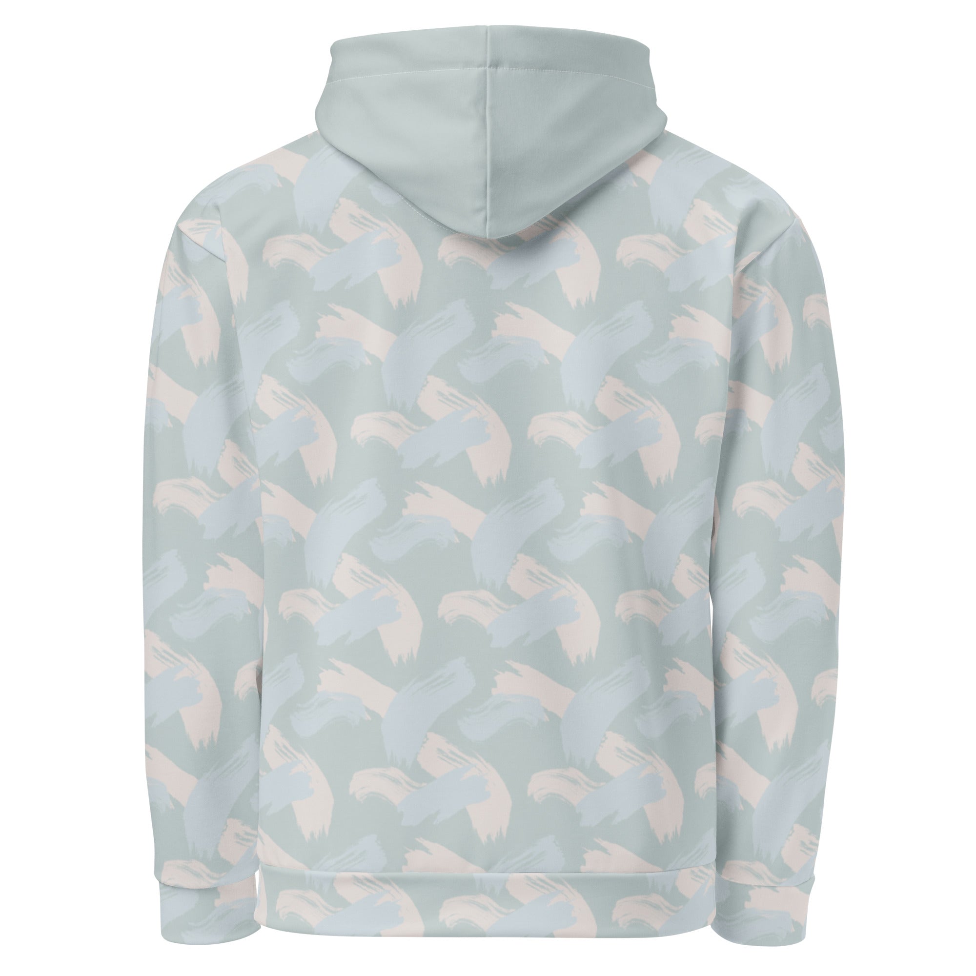 Back of Light blue hoodie with abstract pattern of paint strokes in multiple colors and solid hood 