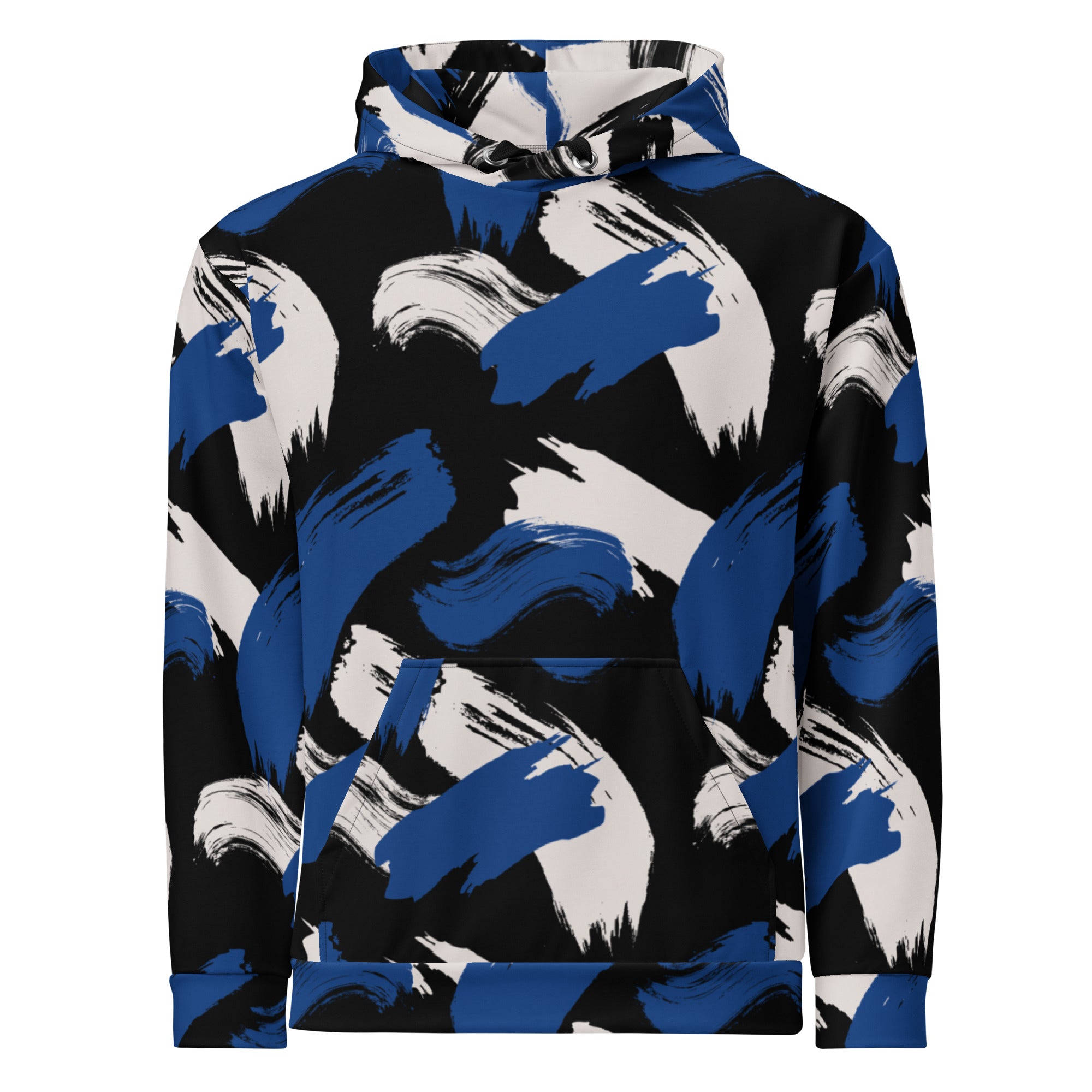 2XL Black w/Cerulean & Cream Strokes - Eco Hoodie Hoodie by Carl & Lyn front with center pocket
