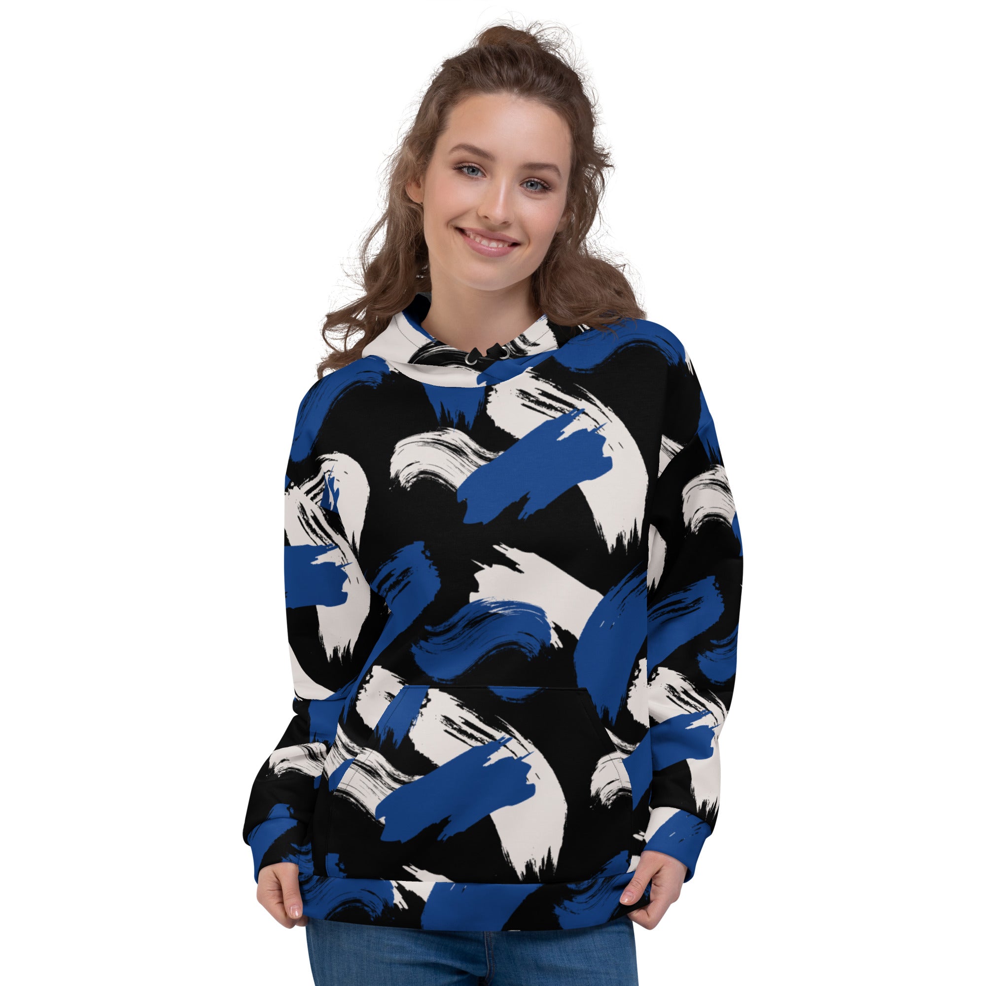 Black w/Cerulean & Cream Strokes - Eco Hoodie Hoodie by Carl & Lyn front with person wearing