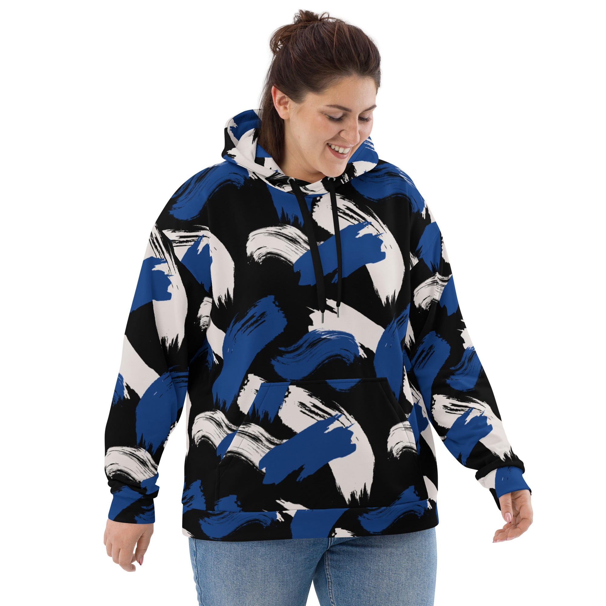 Black w/Cerulean & Cream Strokes - Eco Hoodie Hoodie by Carl & Lyn front with person wearing looking down wearing jeans