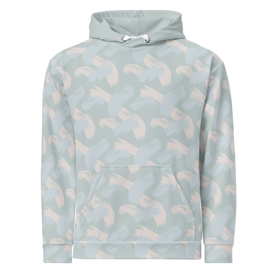 Front of Light blue hoodie with abstract pattern of paint strokes in multiple colors and solid hoodie with pull strings tucked in
