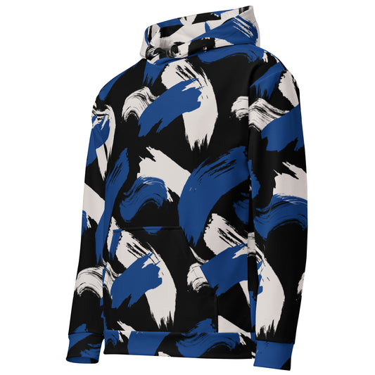Black w/Cerulean & Cream Strokes - Eco Hoodie Hoodie by Carl & Lyn left front 