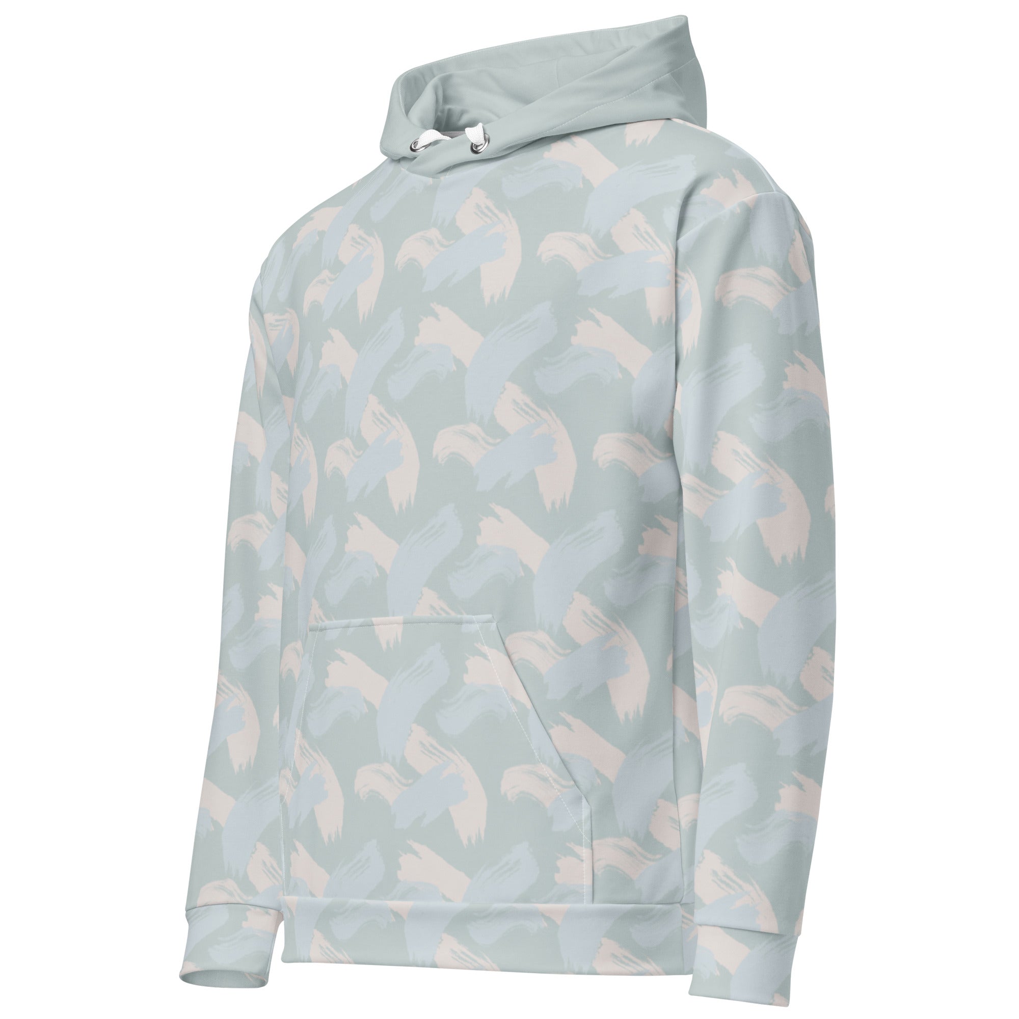 Front left of Light blue hoodie with abstract pattern of paint strokes in multiple colors and solid hood with pull strings tucked in