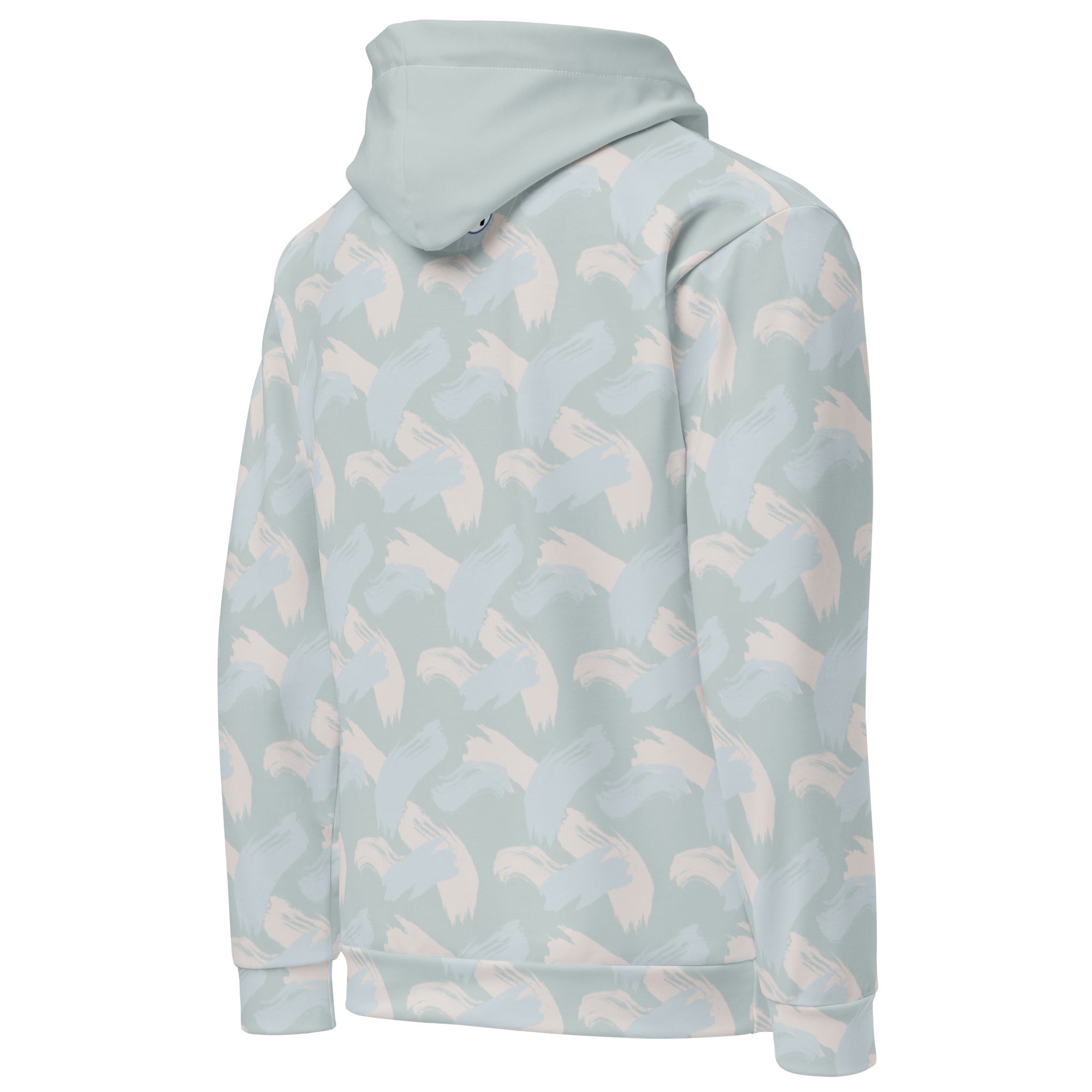 Back right of Light blue hoodie with abstract pattern of paint strokes in multiple colors and solid hood