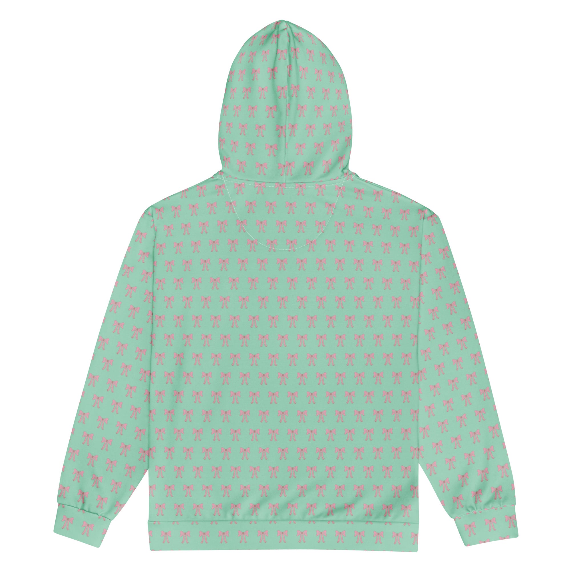 Back flattened view of Green hoodie with pink bow pattern 