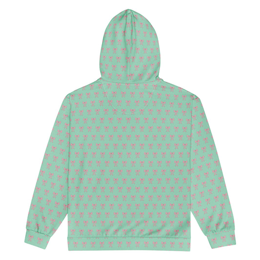 Back flattened view of Green hoodie with pink bow pattern 