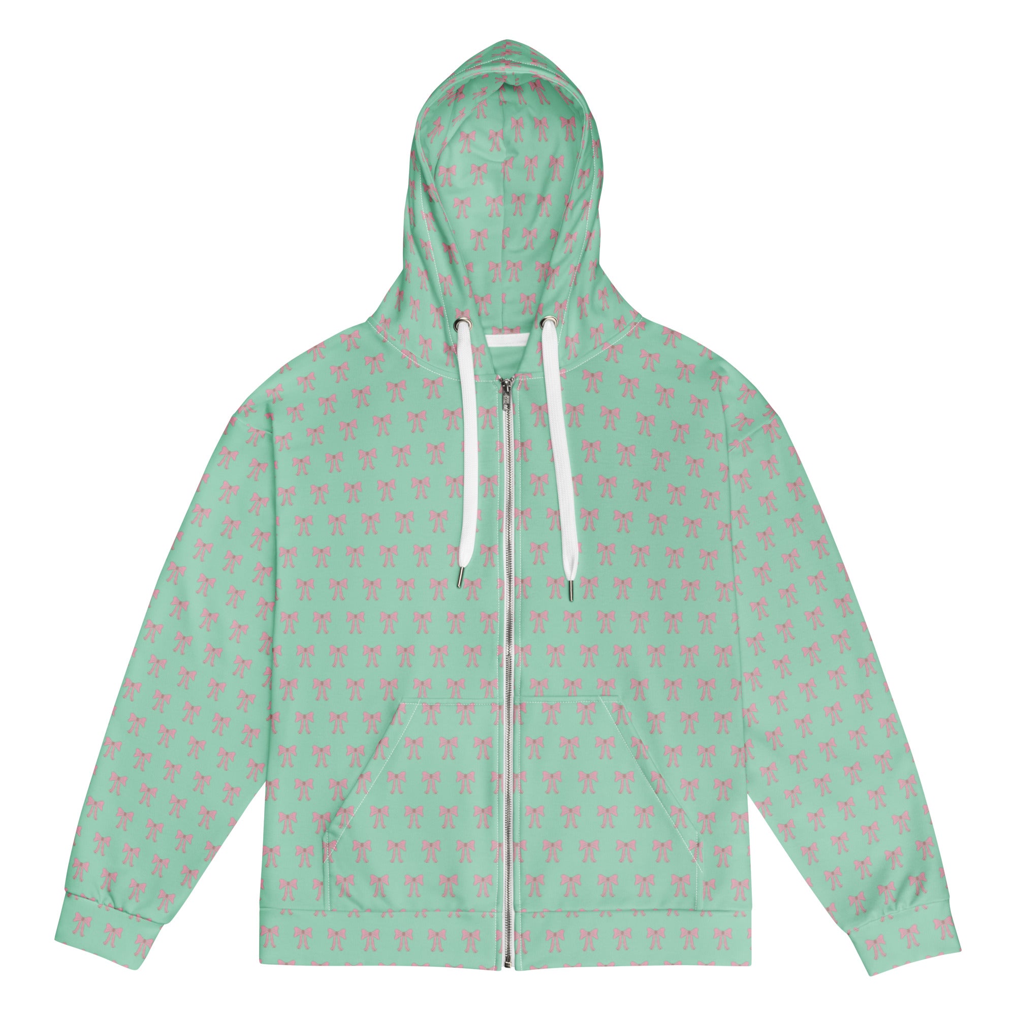 Front flat view of a Green hoodie with pink bow patterns 