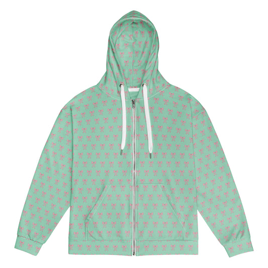Front flat view of a Green hoodie with pink bow patterns 