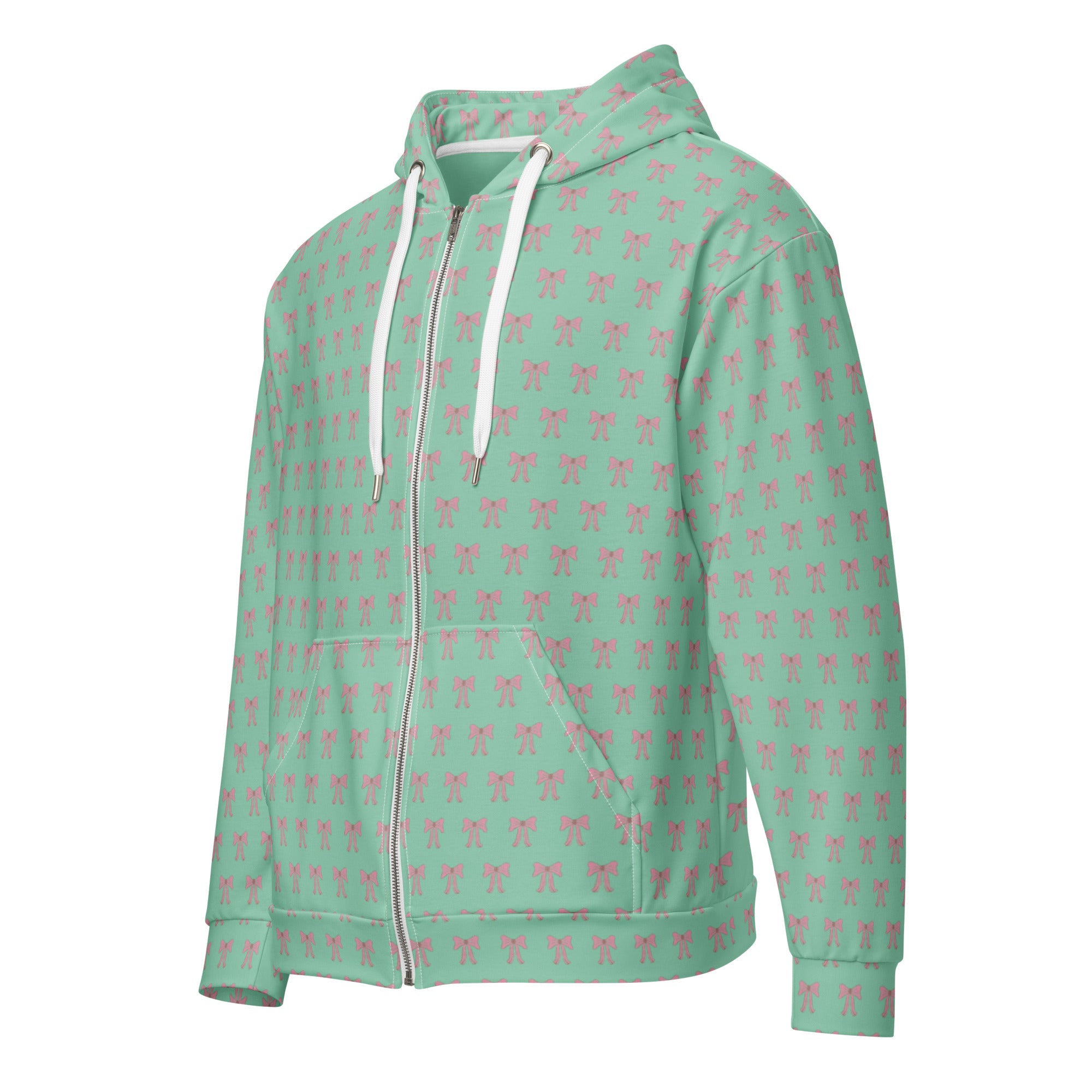 Front left view of Green hoodie with pink bow pattern