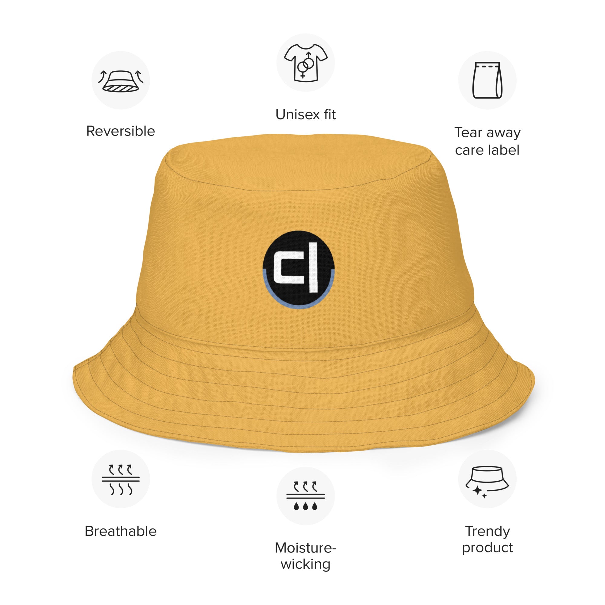 Reversible interior Yellow Mustard bucket hat with a brand logo, featuring icons and text about product features.
