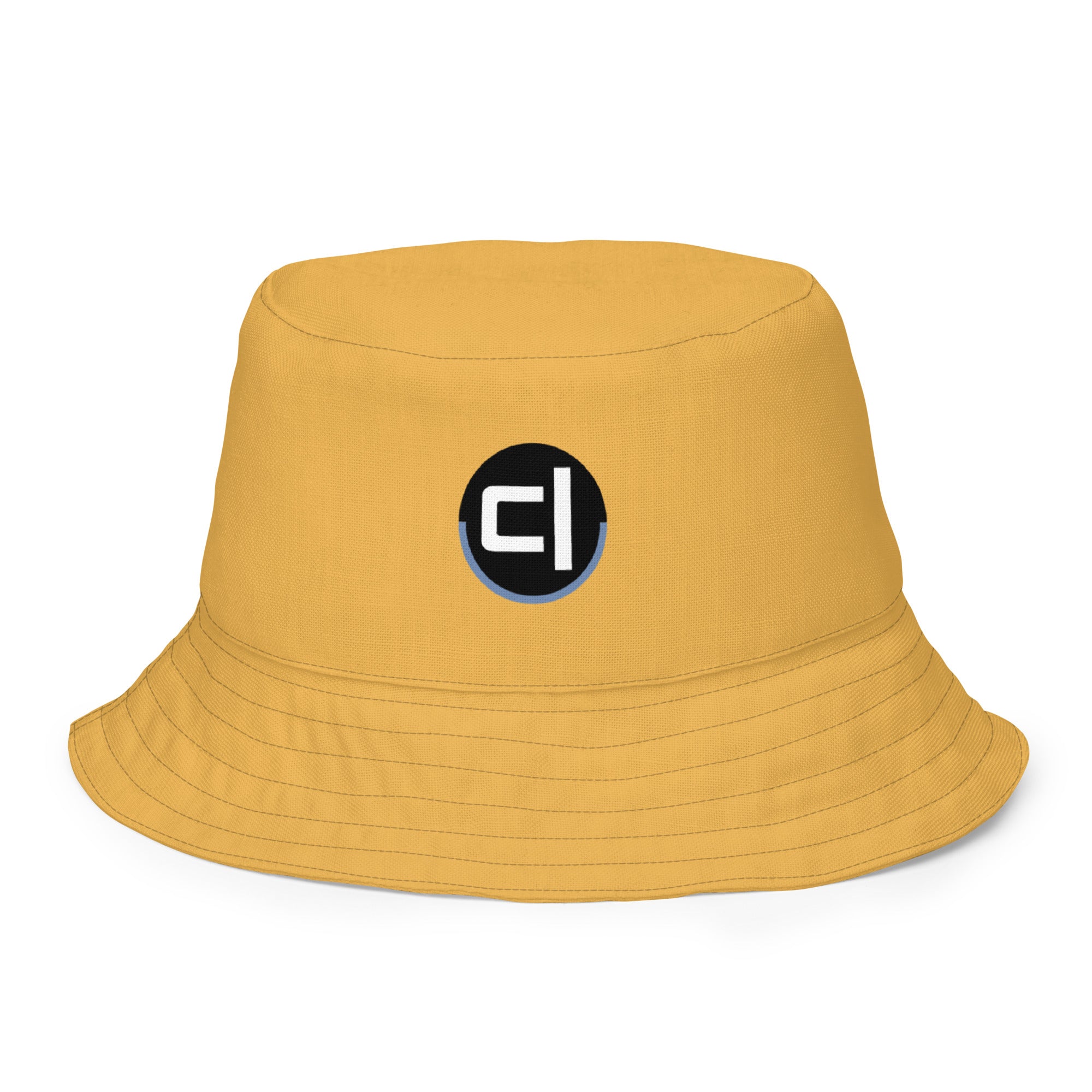 Front of reversible interior yellow mustard Bucket hat with logo on front