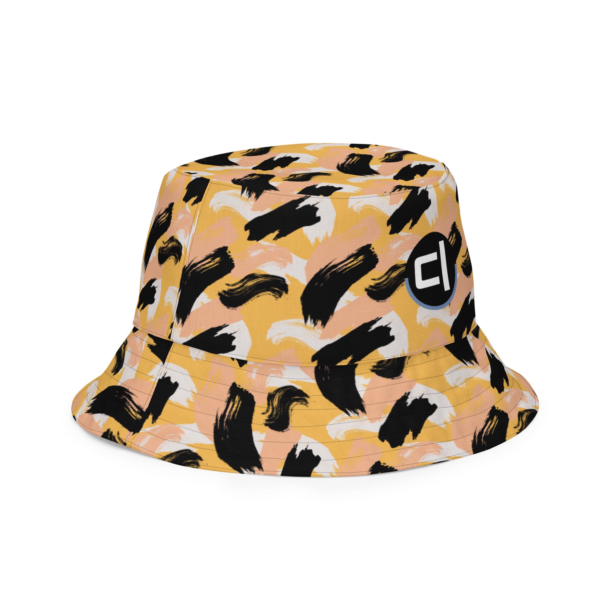 Right front side of Bucket hat with black abstract pattern of paint strokes that resemble cheetah color combination with logo on front