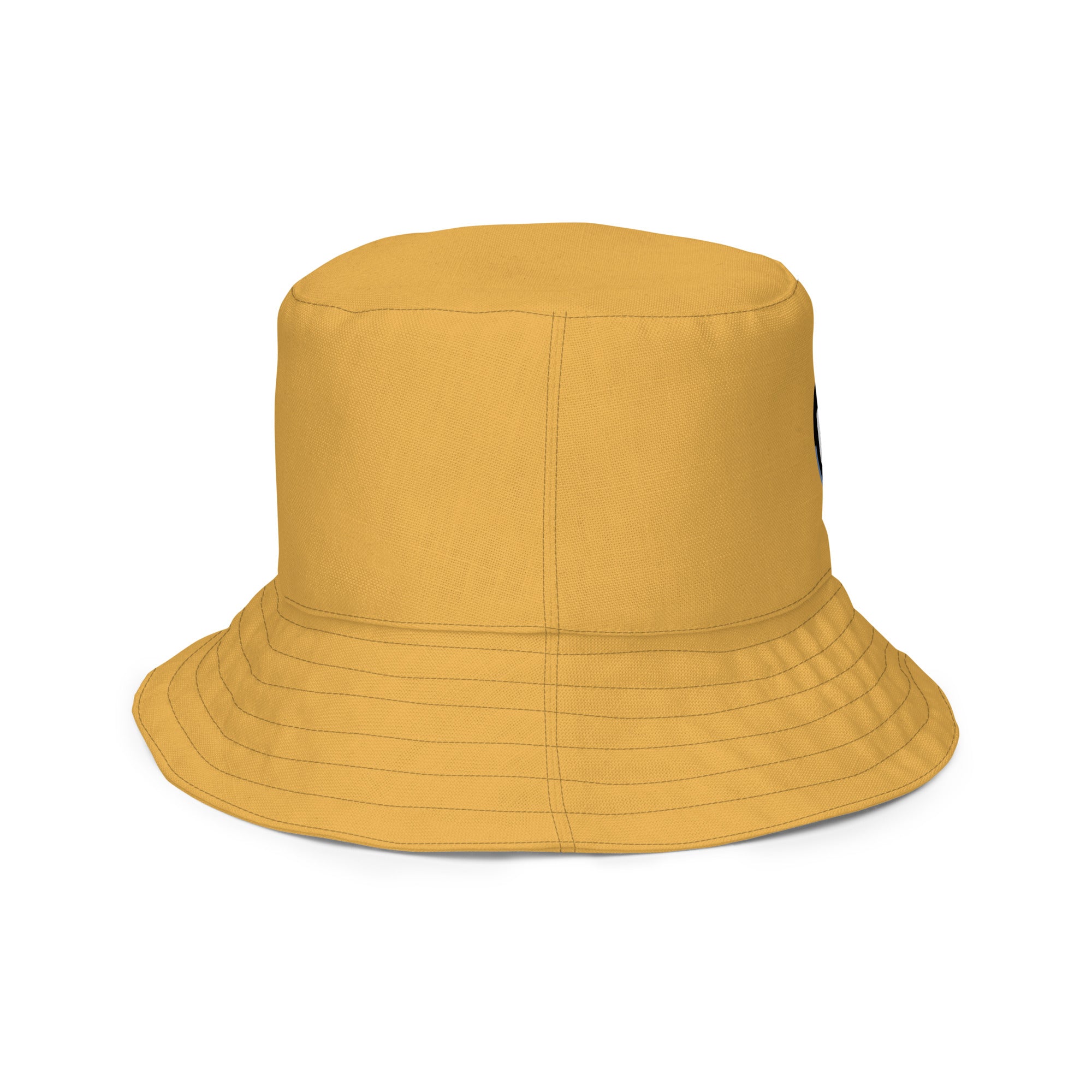 Right side of reversible interior yellow mustard Bucket hat with logo on front (right side of image)
