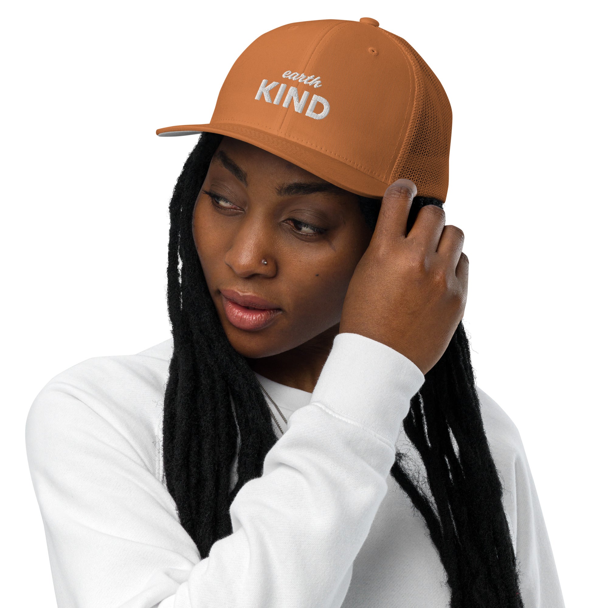 Caramel Earth Kind - Closed-back Trucker Cap Trucker Hat by Carl & Lyn front person wearing