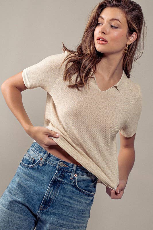 Ribbed Tencel Blend Classic Statement Polo Tee Blouse by Urban Daizy